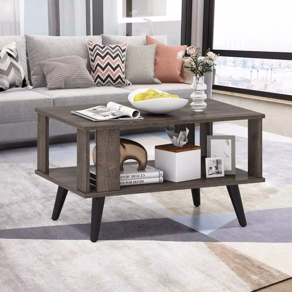 VOGREX Costway Grey 2-Tier Rectangular Wooden Coffee Table – 5