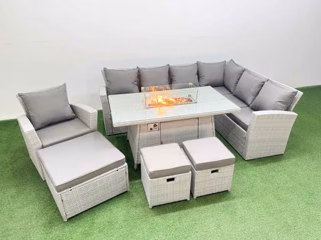 Fimous 10 Seat Rattan Garden Furniture Set with L-Shape Corner Sofa, Ottoman and Gas Firepit Table in Light Grey