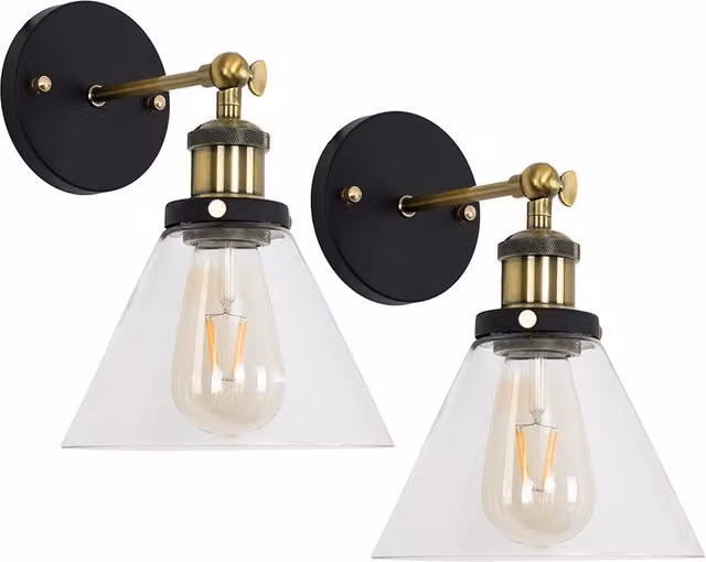 ValueLights Norton Industrial Pair of Black Indoor Wall Lanterns with Transparent Glass