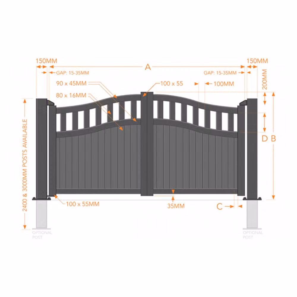Ready Made Double Swing Gate with Vertical Solid Infill and Bell in Black, W: 400 cm, H: 180 cm – 2