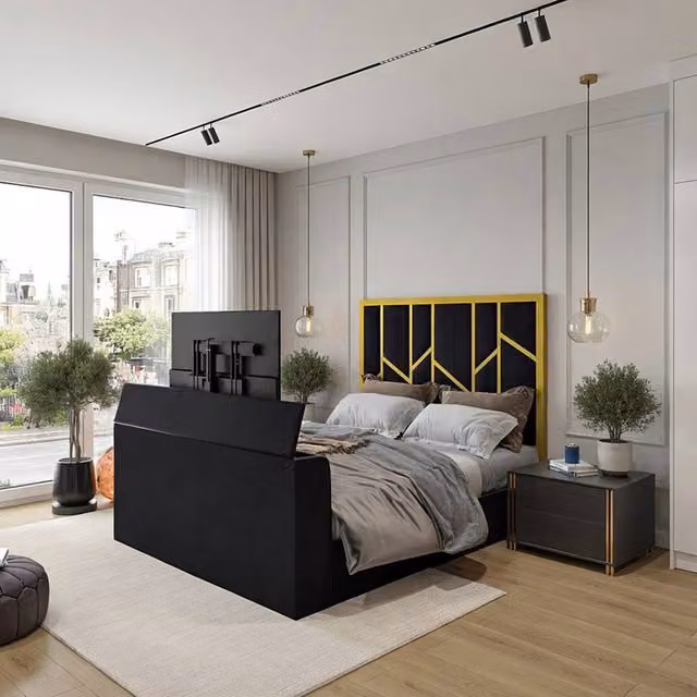 KDMD Alderley Luxe Upholstered Velvet Television Bed Frame in Gold and Black, Size: 180 x 200 cm – 1