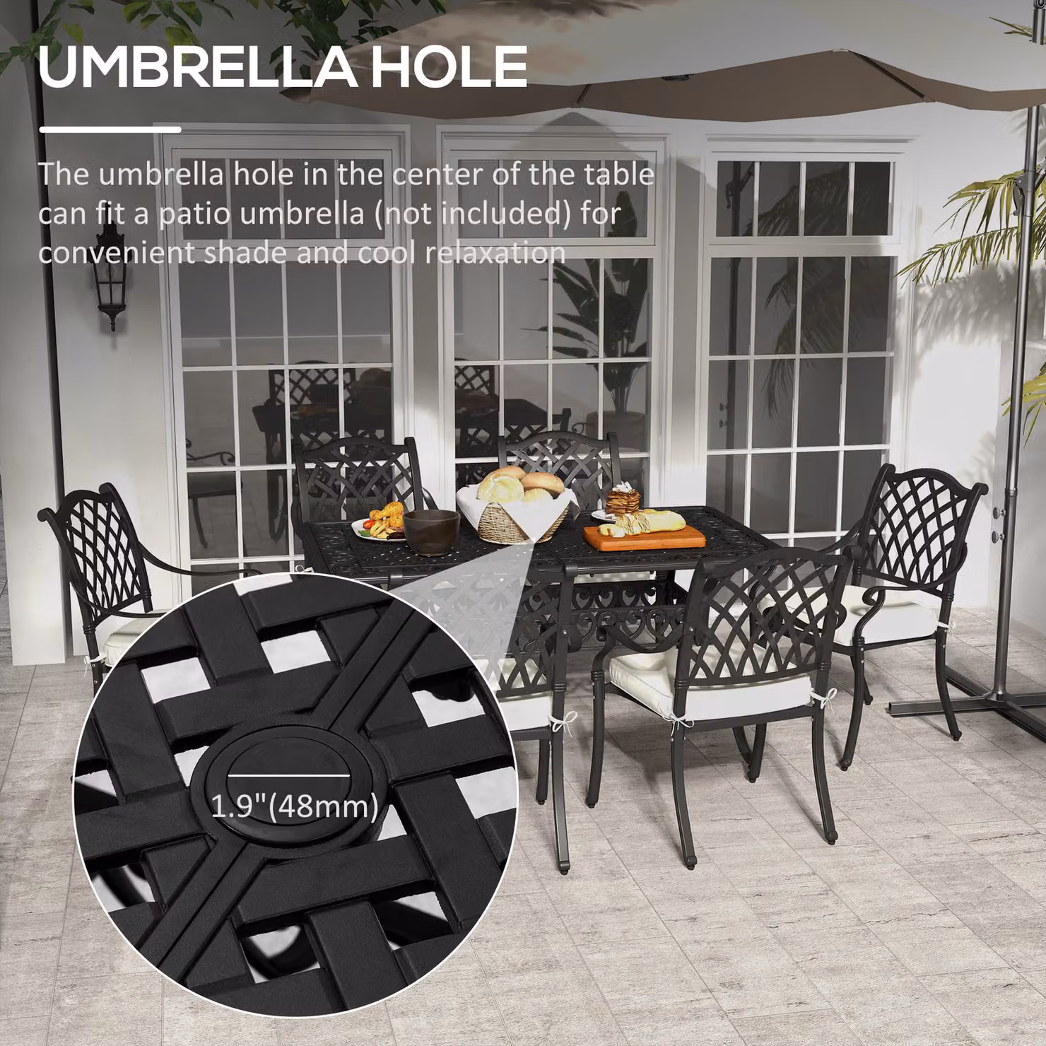 Outsunny 7 Piece Black Powder Coated Aluminium Patio Dining Set with Rectangular Table and Umbrella Hole – 4