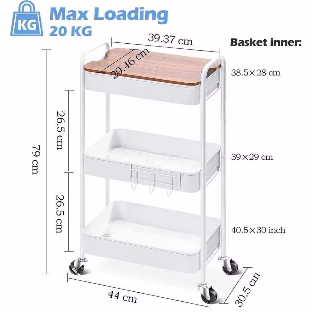 FORGEVIO 3-Tier Rolling Metal Utility Storage Trolley with Wood Table Top in White – 2