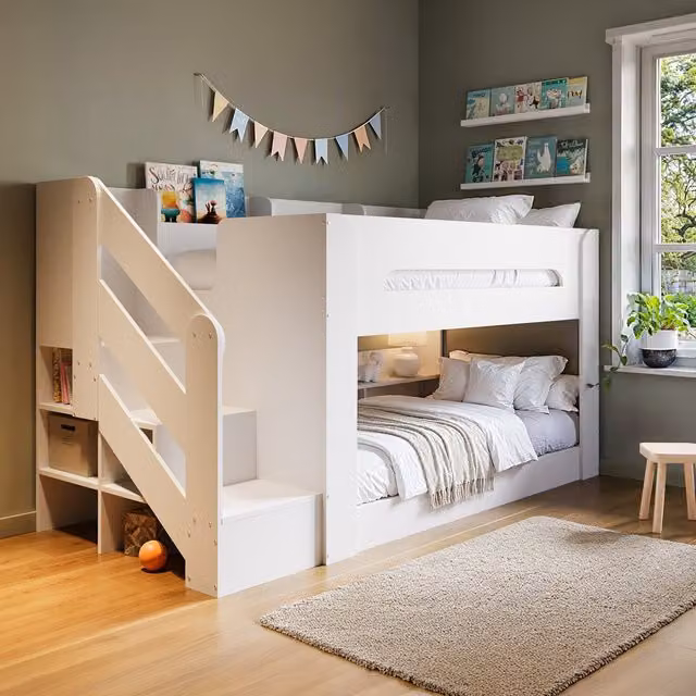 Flair Zeno Modern Low Bunk Bed with Staircase Storage for Children, White