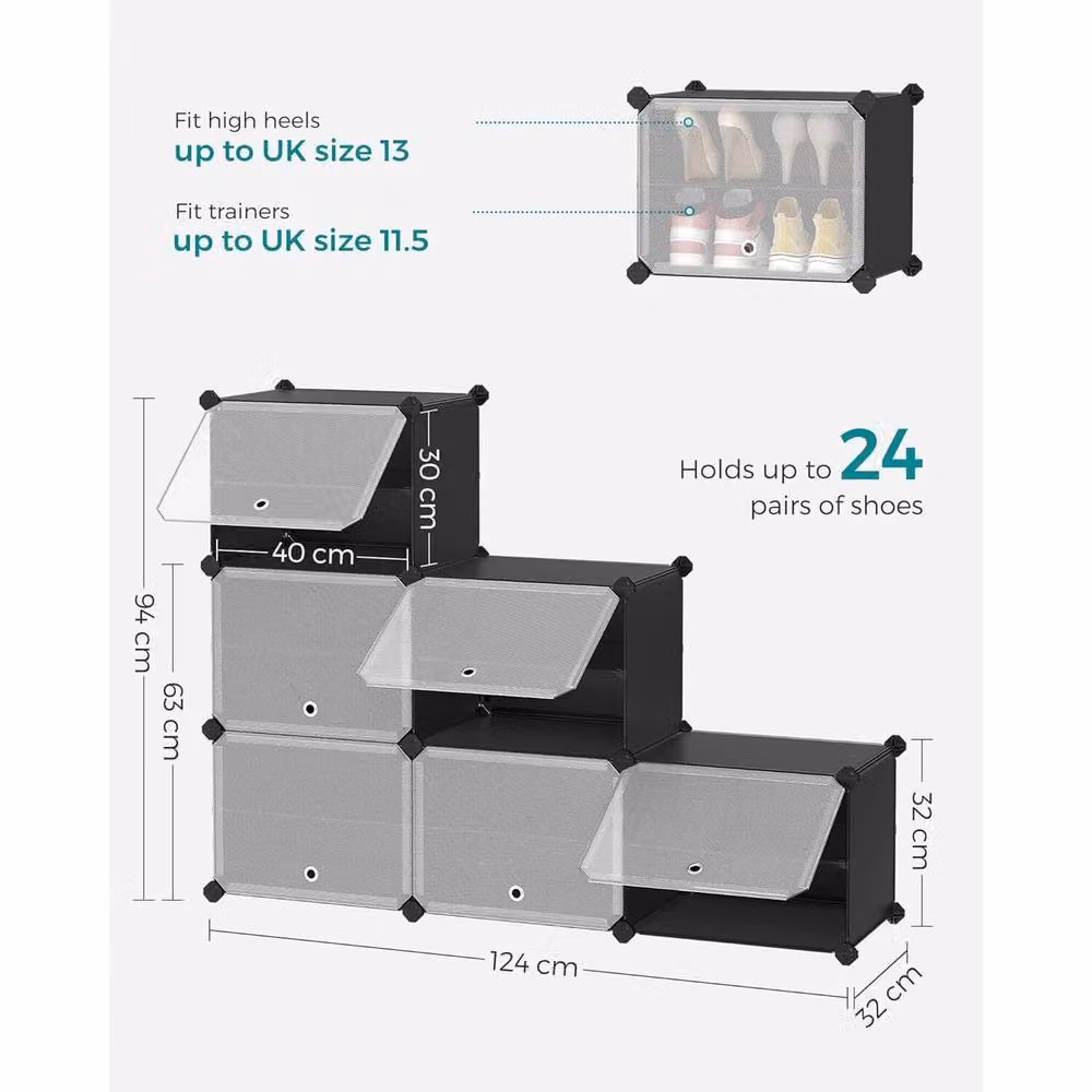 SONGMICS 6-Slot Modular Plastic Shoe Storage Cabinet with Doors in Black – 2