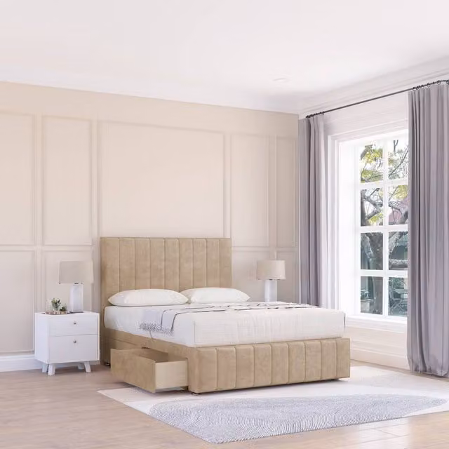 Sloomy California Divan Bed Base Slate Naples with 4 Drawers, 12 inch Footboard and 54 inch Floor Standing Headboard, Beige Velvet, W/D/H: 200 x 137.16 x 160 cm (Super King)