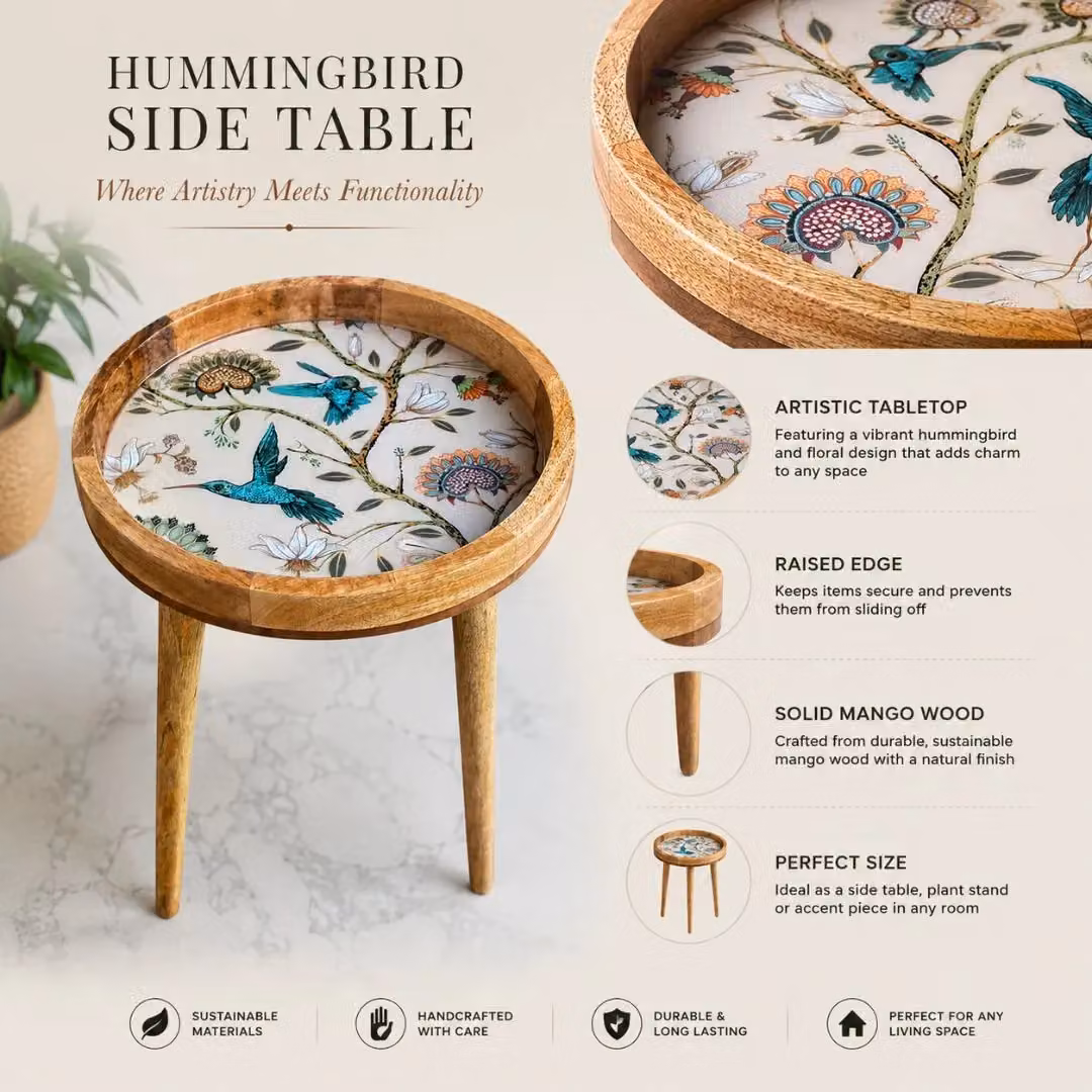 Hartsmede Mango Wood Round Side Table in Beige with Floral Design and Detachable Legs – 6