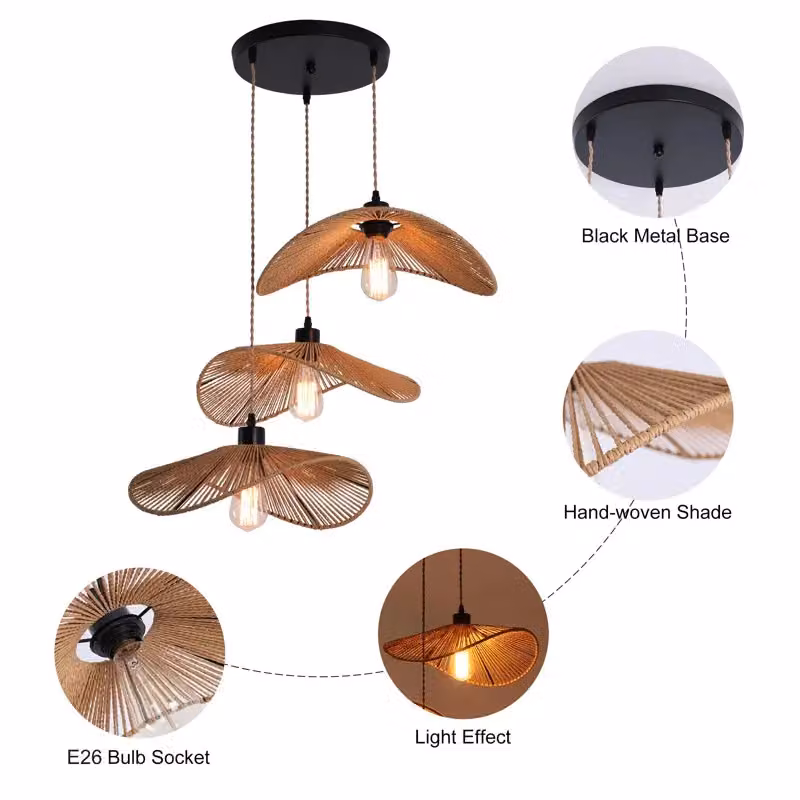 Garwarm 3-Light Rattan Farmhouse Cluster Pendant Light in Brown – 3