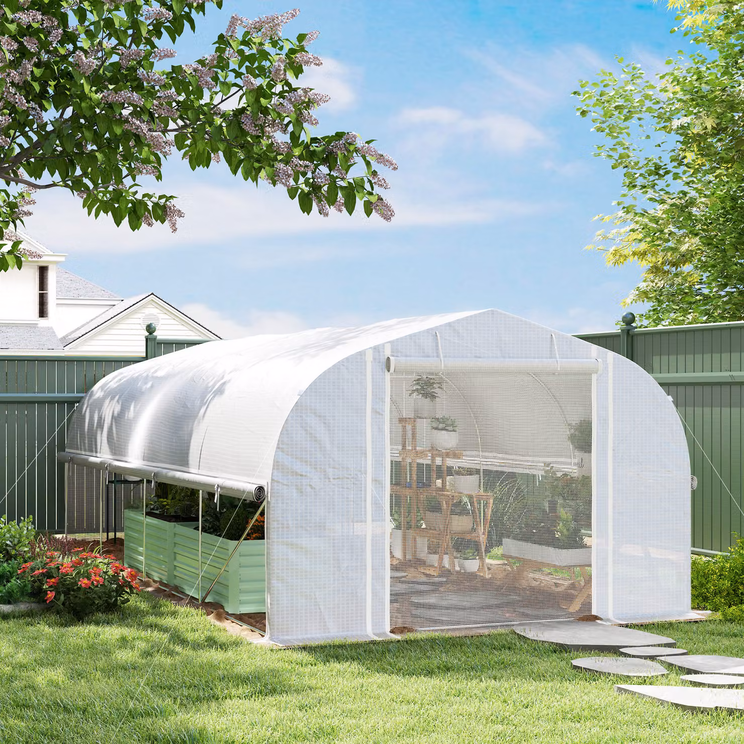 Outsunny Heavy Duty White Polytunnel with Sidewalls, Door and 8 Windows, W/D/H: 6 x 3 x 2 m – 2