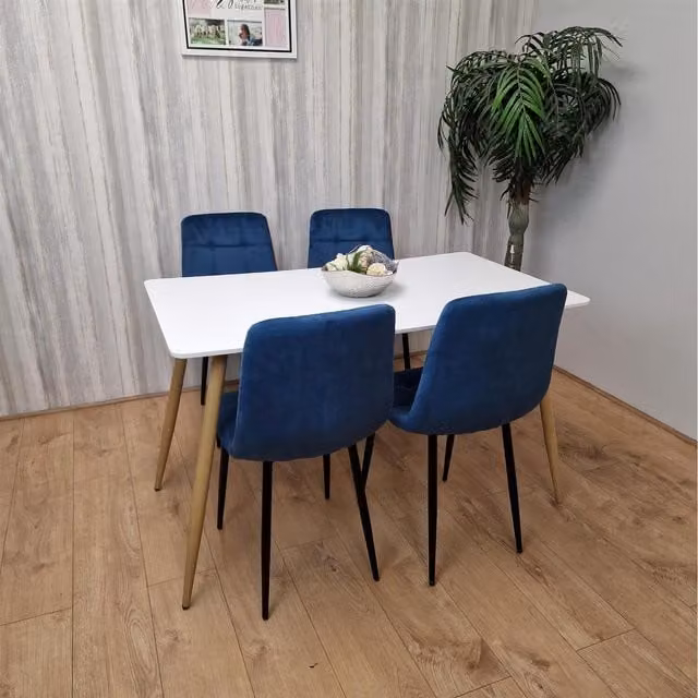 Kosy Koala Modern White Rectangular Dining Table and 4 Blue Velvet Chairs Kitchen Set