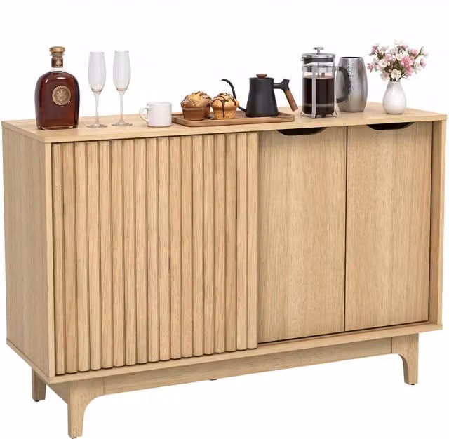 Costway Mid-Century Fluted Buffet Cabinet in Brown and Beige with Soft-Close Drawers