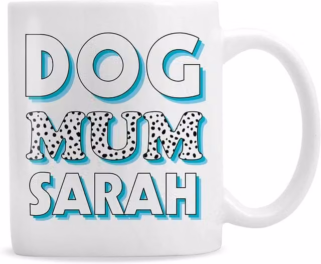 Personalised Memento Company Women's Dog Mum Ceramic Mug in White with Blue Spots
