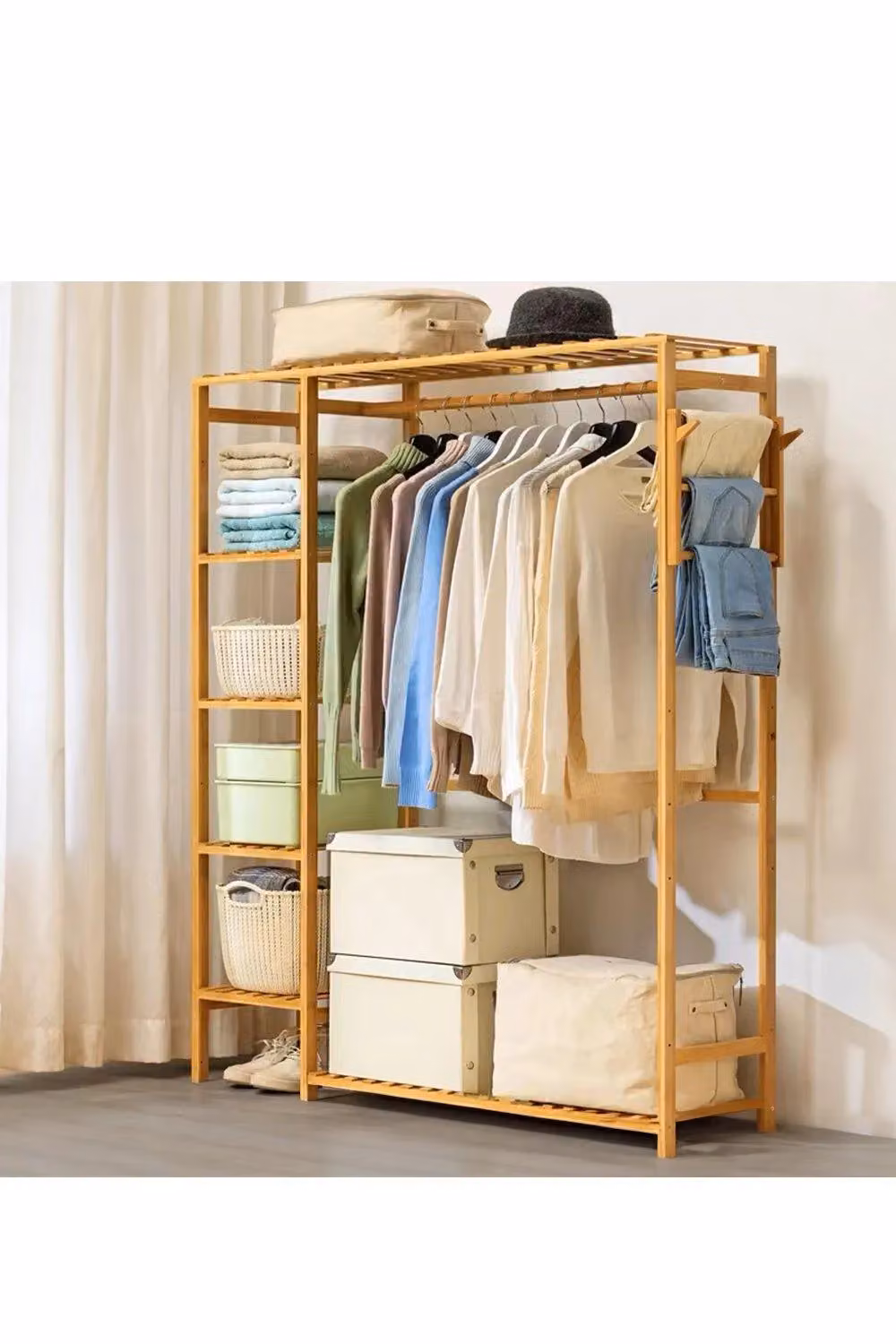 H&O Direct Modern Wooden Clothes Rail with Dual Hooks in Brown, H 146.5 cm x W 121.0 cm – 2