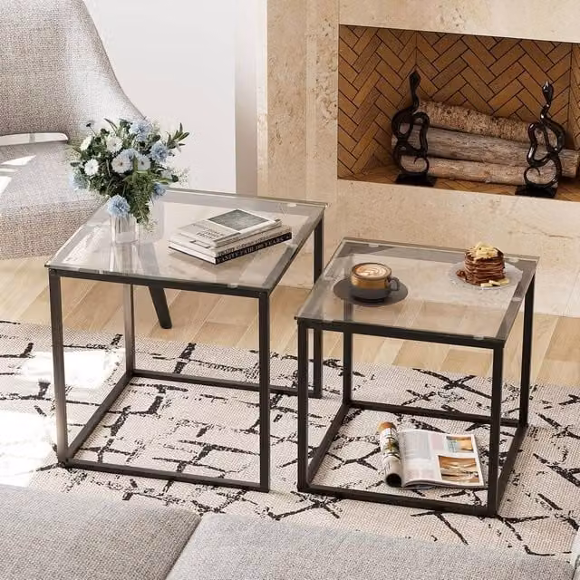 Huhote Set of 2 Modern Nesting Tables with Black Matt Metal Frame and Glass Tops – 1
