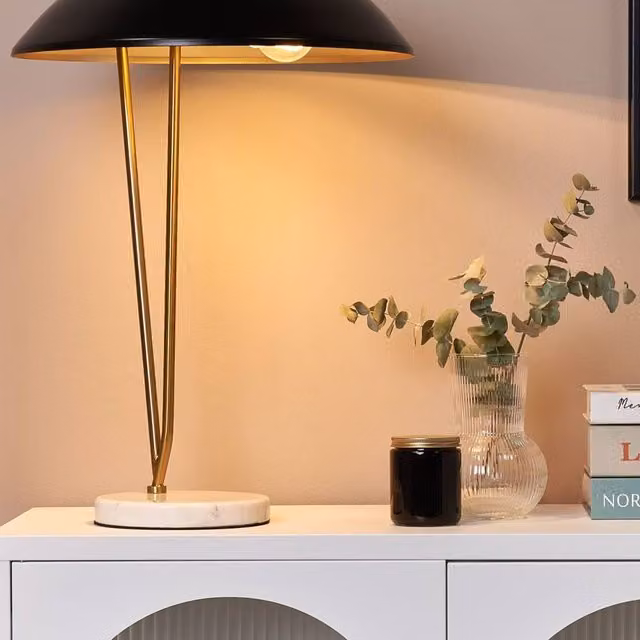 Wyld and Coco Marble Base Table Lamp with Black Metal Dome Shade and Gold Legs