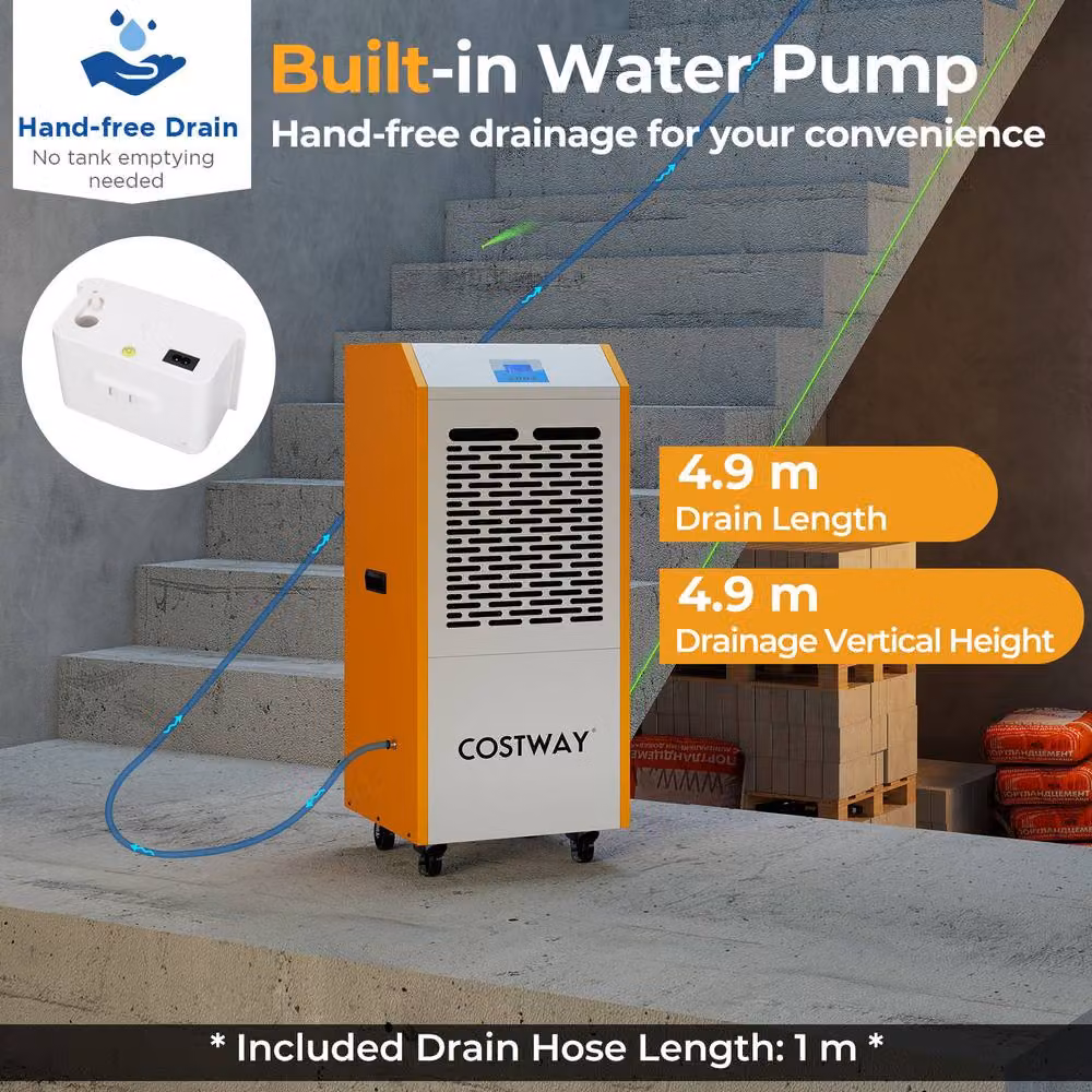 Costway Commercial Industrial Dehumidifier with Pump and Wheels, Yellow – 5