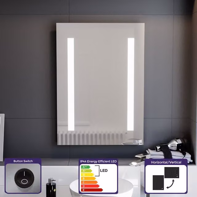 Nes Home Silver LED Bathroom Mirror with Battery Powered Button Switch W: 50 cm, H: 70 cm – 1