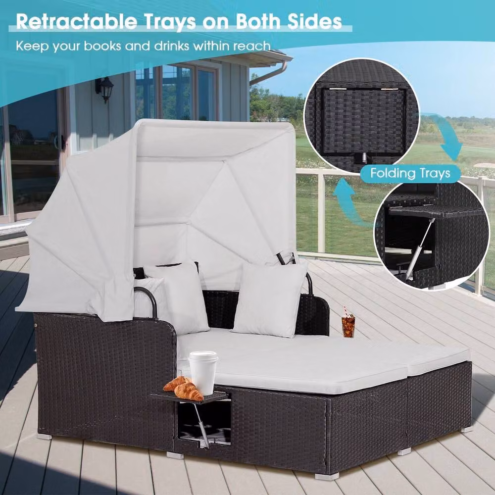 Costway Hand-Woven PE Wicker Daybed Patio Loveseat Sofa Set with Retractable Canopy in White – 5