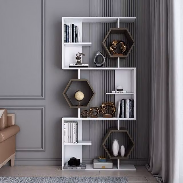 Decorotika Darla 6-Tier Modern Geometric Bookshelf in White and Wood, H: 171.0 cm x W: 90.0 cm x D: 33.0 cm