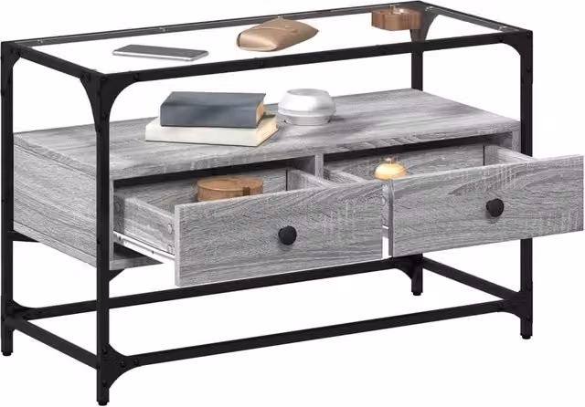 Berkfield Home TV Cabinet in Grey Sonoma with Glass Top and Engineered Wood, W/D/H: 80 x 35 x 51 cm