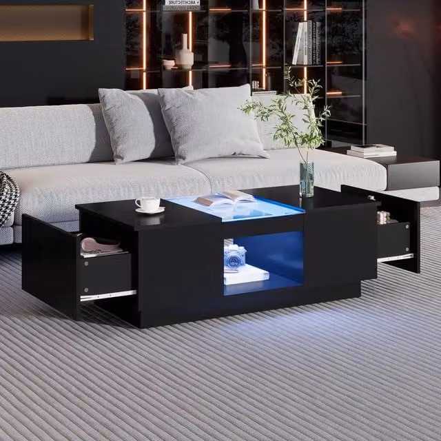 Merax Black Rectangular Centre Sofa Table with Glass Shelf and 2 Drawers W: 100 cm, D: 50 cm, H: 35.5 cm