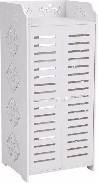 Dprodo Modern Glossy White PVC Wood Plastic Freestanding Shoe Storage Cabinet with Hinged Doors and Internal Shelves