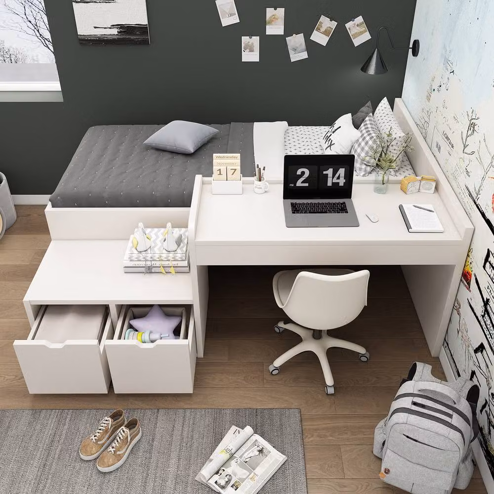 Merax Single Kids Bed Frame with Desk and Storage Drawers in White, W/D/H: 90 x 190 cm – 6