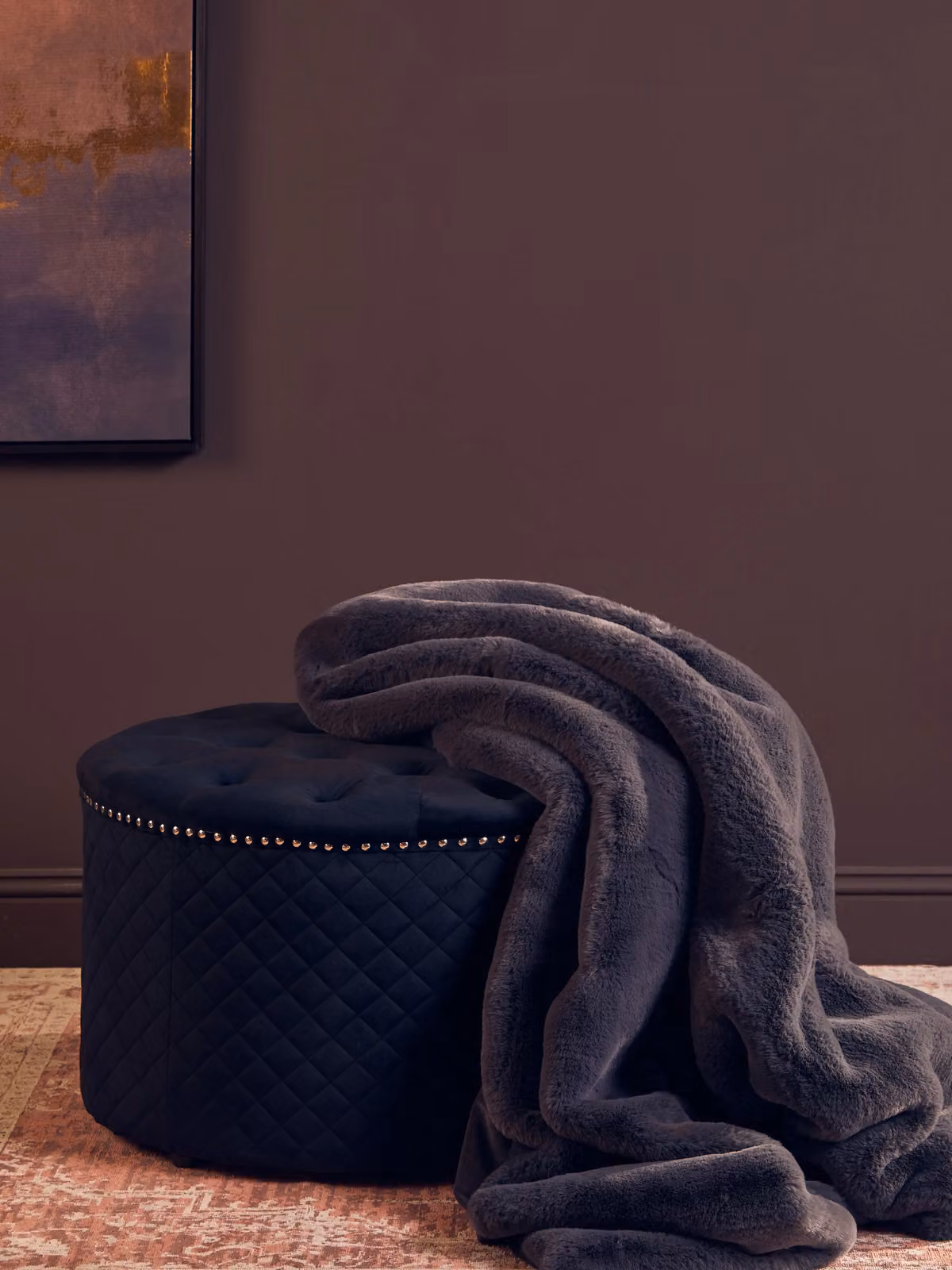 Orsina Round Black Velvet Ottoman with Button Tufted Seat and Stud Detail Sides – 2