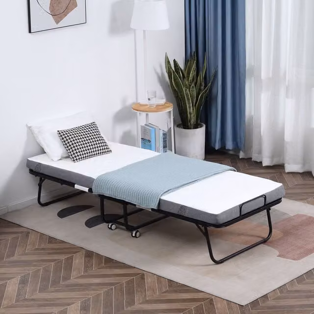 HOMCOM Folding Rollaway Bed with 10cm Mattress and Metal Frame in White, W/D/H: 90 x 190 cm – 1