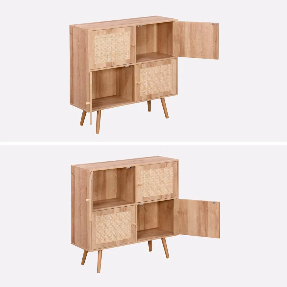Sweek 4-Door Light Brown Wood Effect Chest of Drawers with Rattan Detail – 2