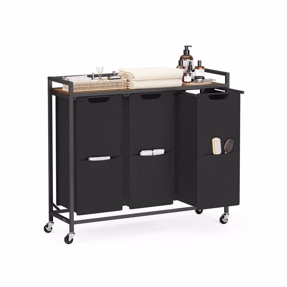 Pirlo Plush Industrial 3 Compartment Laundry Basket with Shelf in Brown and Black – 4