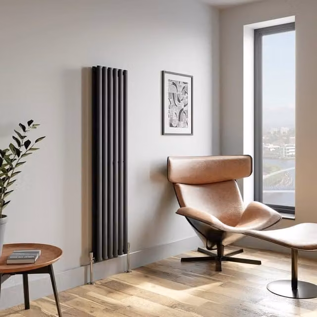 Temprazo Vertical Oval Tube Double Panel Designer Radiator in Anthracite Grey, H: 160 cm, W: 36 cm, D: 7.9 cm