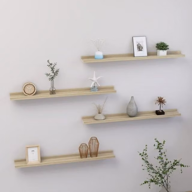 Berkfield Home Wall Mounted Shelves, 4 Piece Sonoma Oak Set in Brown, W/D/H: 80 x 9 x 3 cm