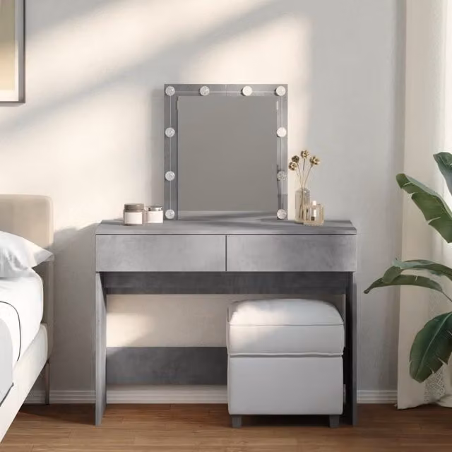 Berkfield Home Modern Dressing Table with Hollywood LED in Matt Concrete Grey, W/D/H: 100 x 40 x 130 cm