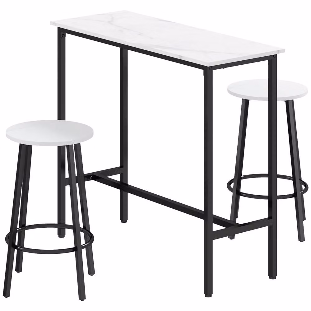 Wyld Haus Telano 3 Piece Marble Effect Bar Table and Stool Set in White and Black – 2