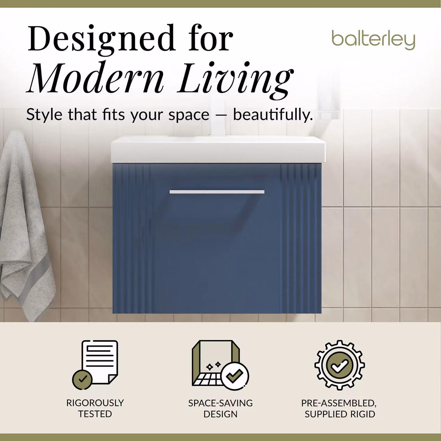 Balterley Wall Hung 1 Drawer Vanity Unit with Thin-Edge Basin, Satin Blue, Width: 50 cm – 2