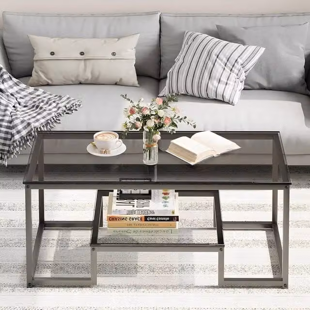 Huhote Modern Rectangular Coffee Table with Grey Glossy Glass Top, W/D/H: 100 x 47.75 x 44.96 cm – 1