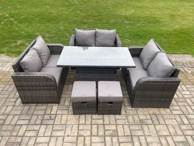Fimous 3 Piece Rattan Garden Furniture Set with Adjustable Lifting Dining Table and 2 Footstools in Dark Grey