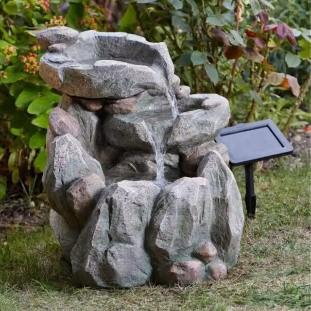 Garden Mile Grey Solar Powered Stone Cascade Waterfall Water Feature