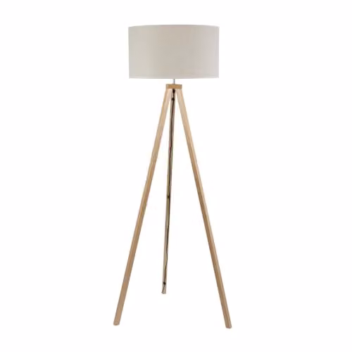 ValueLights Barbro Wood Tripod Floor Lamp with White Fabric Cylinder Shade