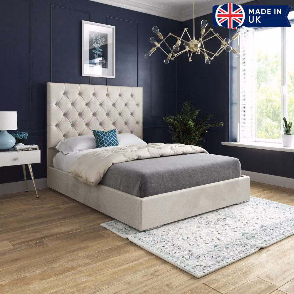KDMD Finsbury Upholstered Chesterfield Bed Frame in Beige Velvet, Size: Single (W: 90 cm, D: 200 cm, H: 137 cm) – 3