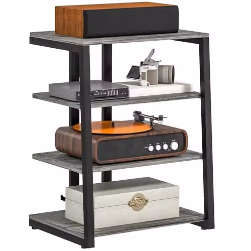 HOMCOM 4-Tier HiFi Media Storage Shelf and Record Player Stand in Matt Grey, W/D/H: 60.5 x 60 x 79 cm – 1