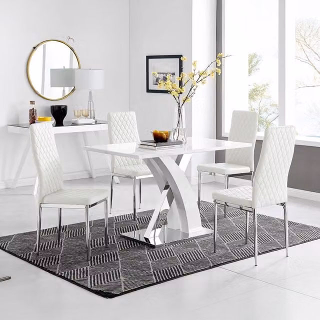 FurnitureboxUK Atlanta White High Gloss Dining Table with X-Shaped Legs and 4 Milan Faux Leather Dining Chairs Set