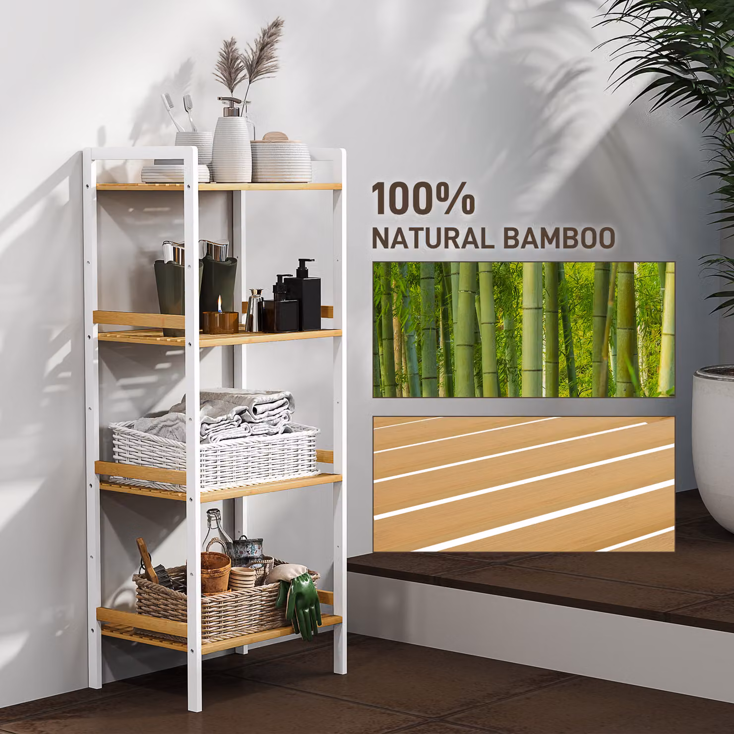 HOMCOM Four-Tier Bamboo Adjustable Storage Unit in White – 3