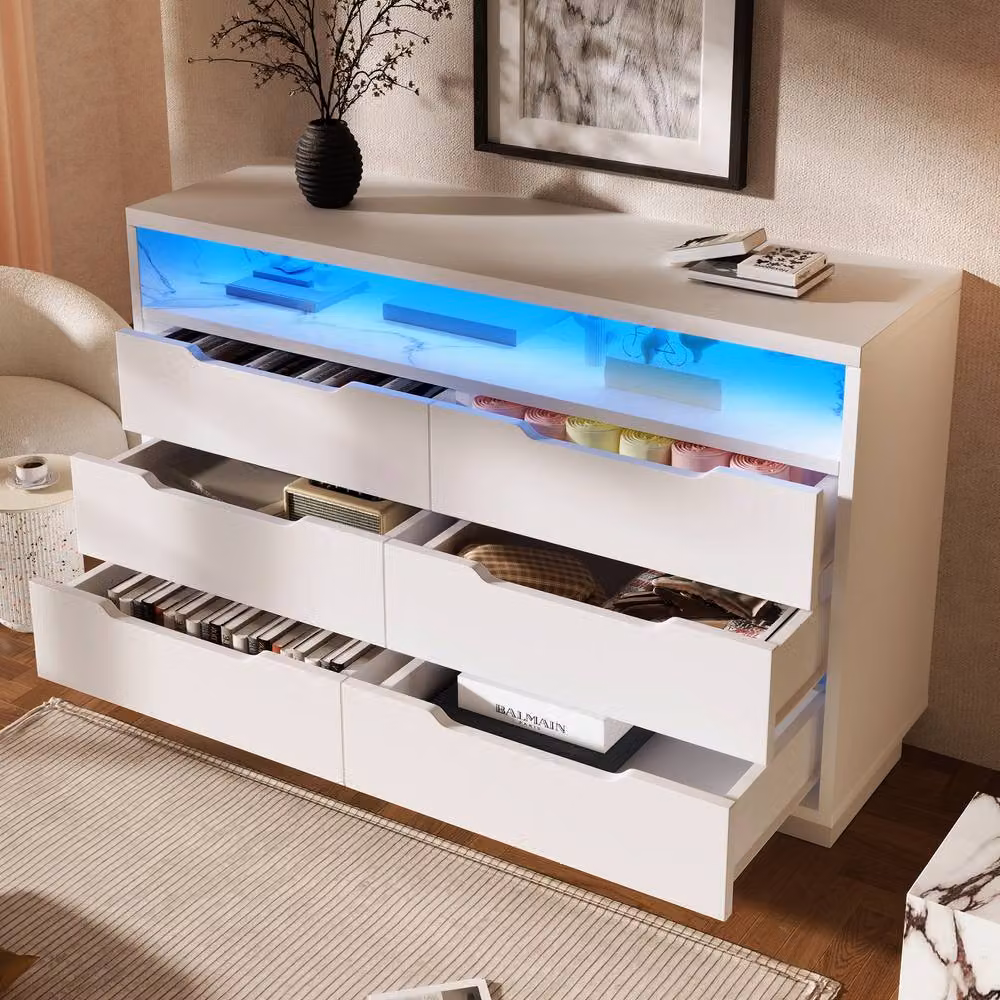 BTM White Marbled 6 Drawer Sideboard with Integrated RGB LED Lighting and Storage Shelves, W: 120 cm, D: 40 cm, H: 85 cm – 5