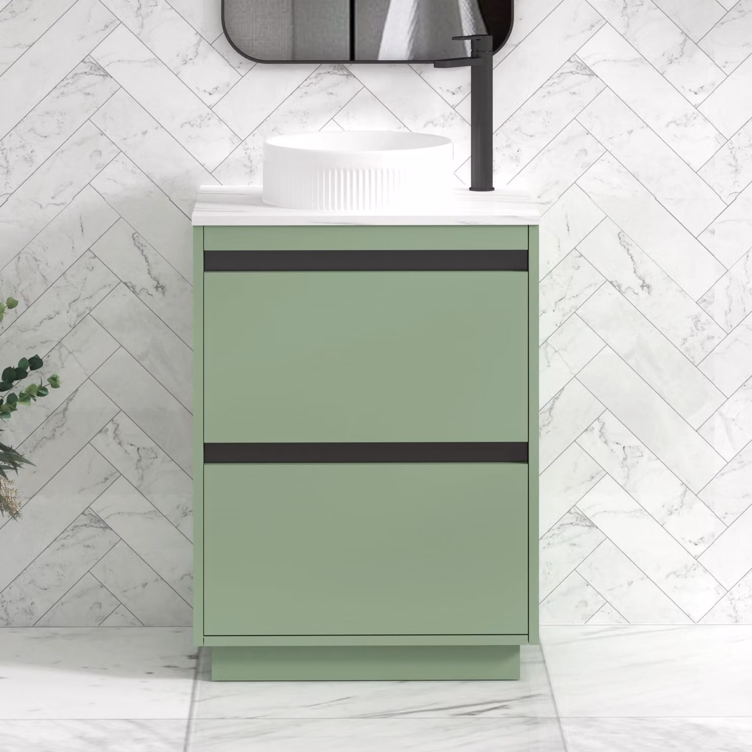 Royal Bathrooms Orion 600mm Mint Sage Floor Standing Vanity Unit with 2 Drawers, Round Basin and Black Accent Trim