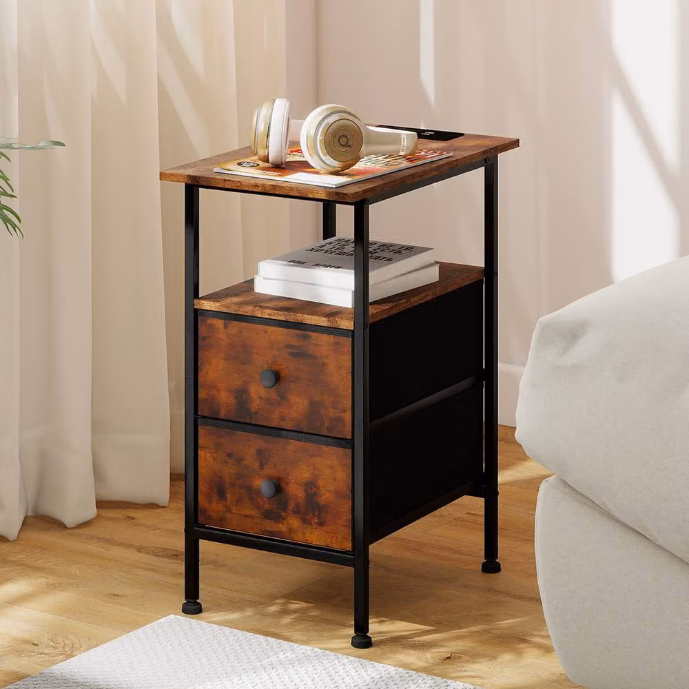 Levede Industrial Slim Bedside Table with Charging Station and 2 Drawers in Brown and Black – 2