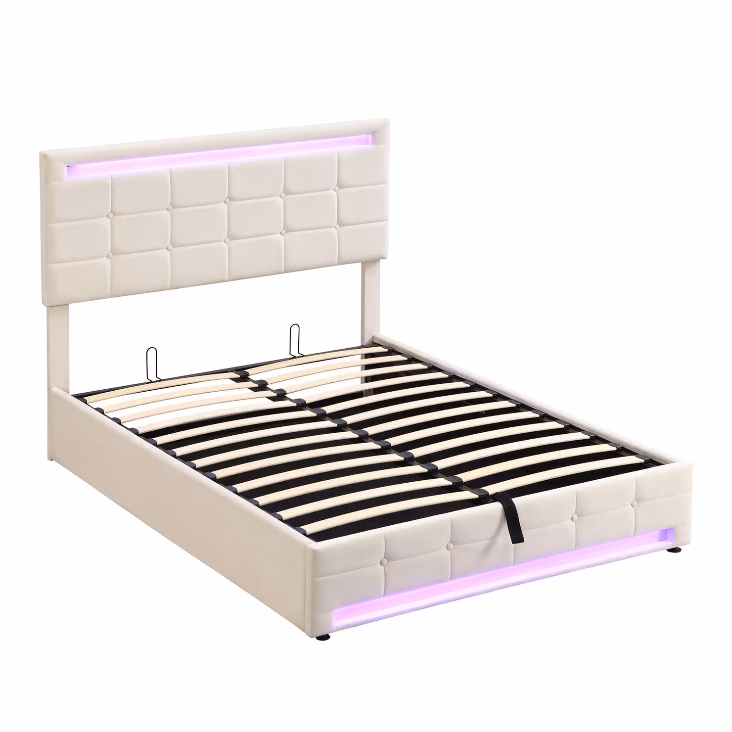 Aosom.UK Beige Velvet Upholstered Double Bed Frame with Hydraulic Lift Storage, LED Lighting and Iron Frame, W/D/H: 199 x 150 x 123 cm – 2