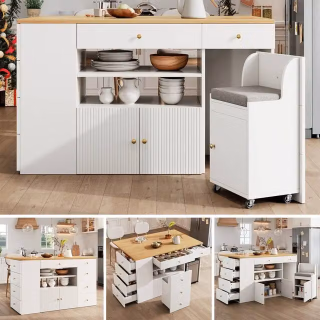 Matteo Adjustable White Kitchen Island with Bar Stools and Storage