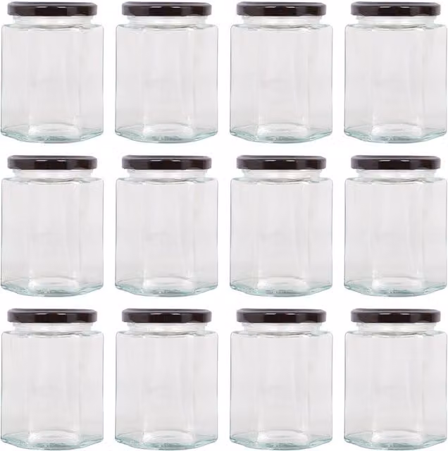 Argon Tableware Hexagonal Glass Jam Jars with Leakproof Screw-Top Metal Lids, 250ml, Black, Pack of 12